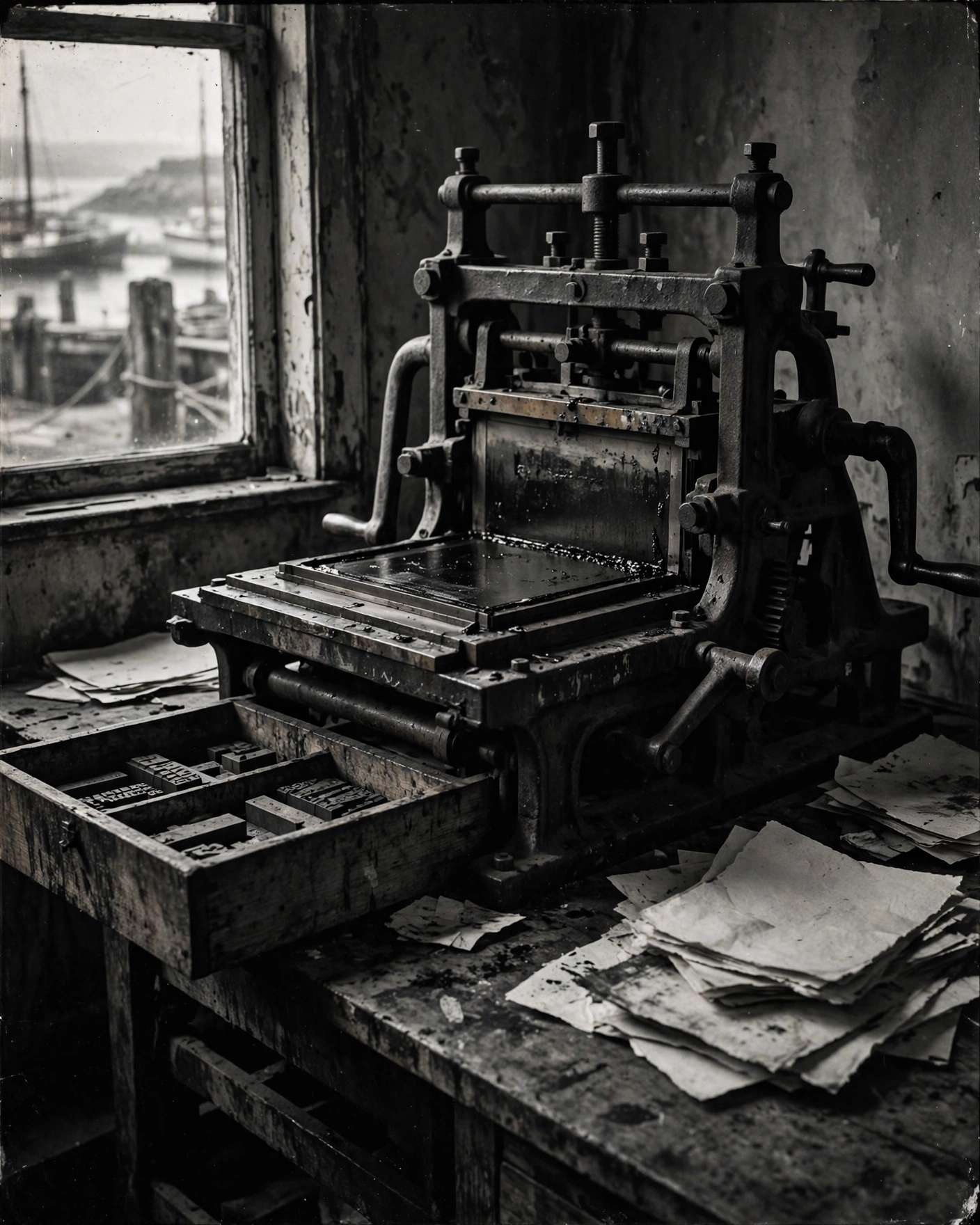Iron hand press beside a harbour window